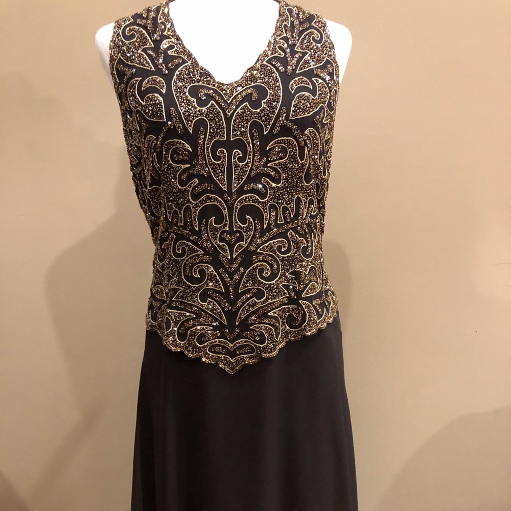 J Kara New York Brown Beaded and Chiffon Long Evening Gown, Size 14